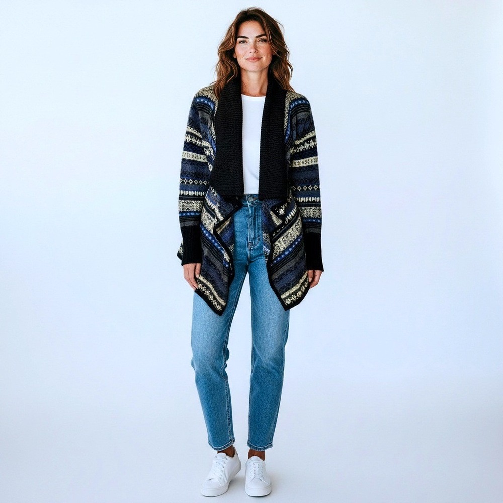 Kensie‎ Women's Fair Isle Shawl Collar Cardigan Sweater Blue Black Cream L